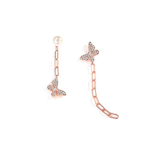 925 Sterling Silver Plated Rose Gold Simple Temperament Butterfly Imitation Pearl Tassel Asymmetrical Stud Earrings with Cubic Zirconia