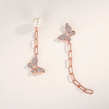 Load image into Gallery viewer, 925 Sterling Silver Plated Rose Gold Simple Temperament Butterfly Imitation Pearl Tassel Asymmetrical Stud Earrings with Cubic Zirconia