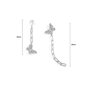 925 Sterling Silver Simple Temperament Butterfly Imitation Pearl Tassel Asymmetrical Stud Earrings with Cubic Zirconia