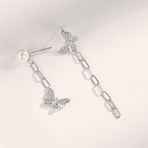 925 Sterling Silver Simple Temperament Butterfly Imitation Pearl Tassel Asymmetrical Stud Earrings with Cubic Zirconia