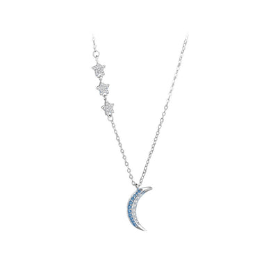 925 Sterling Silver Simple Fashion Moon Star Pendant with Cubic Zirconia and Necklace