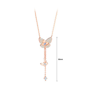 925 Sterling Silver Plated Rose Gold Simple Brilliant Butterfly Tassel Pendant with Cubic Zirconia and Necklace