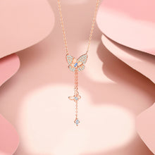 Load image into Gallery viewer, 925 Sterling Silver Plated Rose Gold Simple Brilliant Butterfly Tassel Pendant with Cubic Zirconia and Necklace