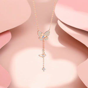 925 Sterling Silver Plated Rose Gold Simple Brilliant Butterfly Tassel Pendant with Cubic Zirconia and Necklace