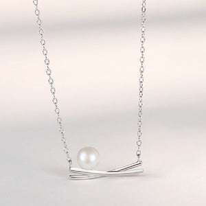 925 Sterling Silver Simple Temperament Geometric Cross Imitation Pearl Pendant with Necklace