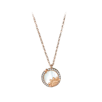 925 Sterling Silver Plated Rose Gold Fashion Temperament Sunflower Geometric Round Mother-of-pearl Pendant with Cubic Zirconia and Necklace