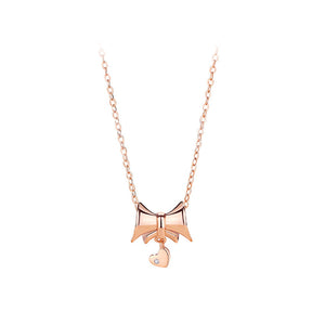 925 Sterling Silver Plated Rose Gold Sweet and Lovely Ribbon Heart Pendant with Cubic Zirconia and Necklace