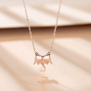 925 Sterling Silver Plated Rose Gold Sweet and Lovely Ribbon Heart Pendant with Cubic Zirconia and Necklace