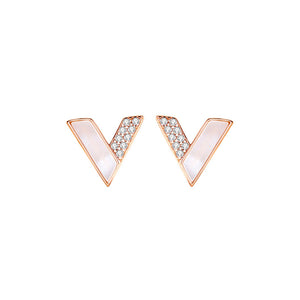 925 Sterling Silver Plated Rose Gold Simple Personalized Alphabet V-shaped Mother-of-pearl Stud Earrings with Cubic Zirconia