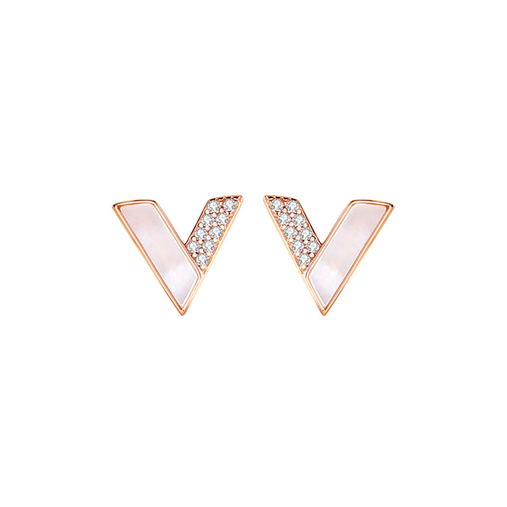 925 Sterling Silver Plated Rose Gold Simple Personalized Alphabet V-shaped Mother-of-pearl Stud Earrings with Cubic Zirconia