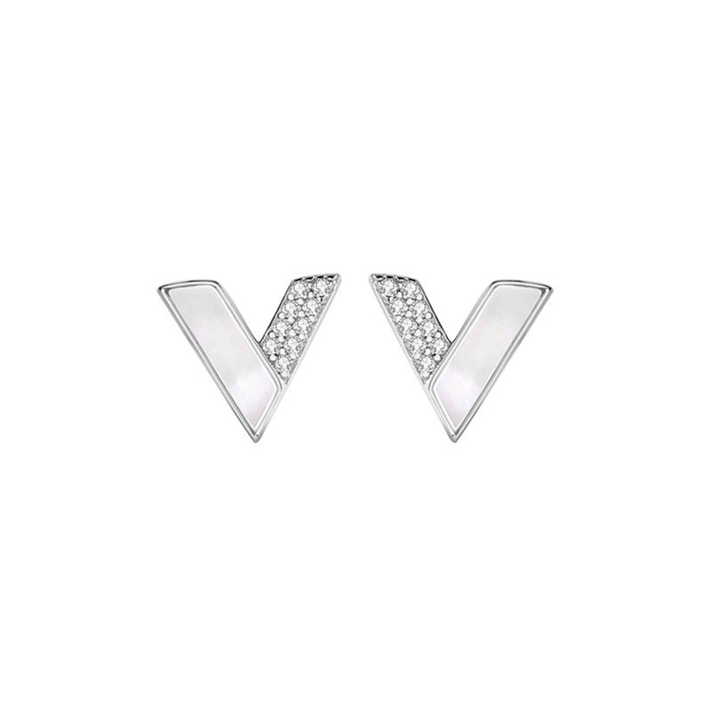 925 Sterling Silver Simple Personalized Alphabet V-shaped Mother-of-pearl Stud Earrings with Cubic Zirconia