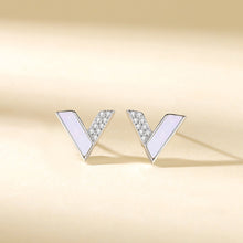 Load image into Gallery viewer, 925 Sterling Silver Simple Personalized Alphabet V-shaped Mother-of-pearl Stud Earrings with Cubic Zirconia