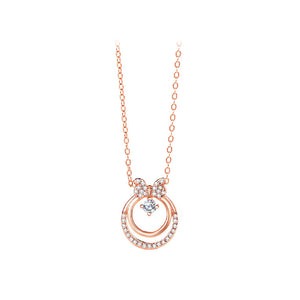 925 Sterling Silver Plated Rose Gold Simple Sweet Ribbon Knot Ring Pendant with Cubic Zirconia and Necklace