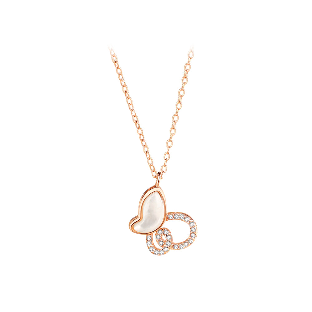 925 Sterling Silver Plated Rose Gold Fashion Temperament Hollow Butterfly Mother-of-pearl Pendant with Cubic Zirconia and Necklace
