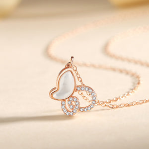 925 Sterling Silver Plated Rose Gold Fashion Temperament Hollow Butterfly Mother-of-pearl Pendant with Cubic Zirconia and Necklace