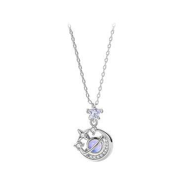 925 Sterling Silver Fashion Personality Planet Star Pendant with Cubic Zirconia and Necklace