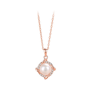 925 Sterling Silver Plated Rose Gold Fashion Temperament Windmill Shaped Imitation Pearl Pendant with Cubic Zirconia and Necklace