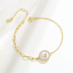 925 Sterling Silver Plated Gold Simple Fashion Butterfly Round Mother-of-Pearl Bracelet with Cubic Zirconia