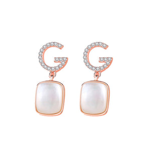 925 Sterling Silver Plated Rose Gold Fashion Temperament English Alphabet G Geometric Mother-of-pearl Earrings with Cubic Zirconia