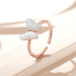 925 Sterling Silver Plated Rose Gold Fashion Elegant Butterfly Mother-of-pearl Adjustable Open Ring
