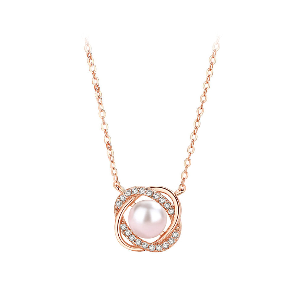 925 Sterling Silver Plated Rose Gold Fashion Elegant Flower Imitation Pearl Pendant with Cubic Zirconia and Necklace