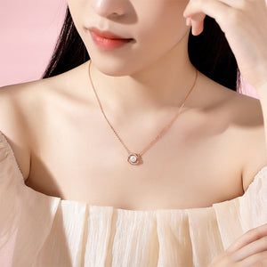 925 Sterling Silver Plated Rose Gold Fashion Elegant Flower Imitation Pearl Pendant with Cubic Zirconia and Necklace
