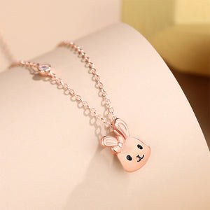 925 Sterling Silver Plated Rose Gold Simple Cute Rabbit Pendant with Cubic Zirconia and Necklace