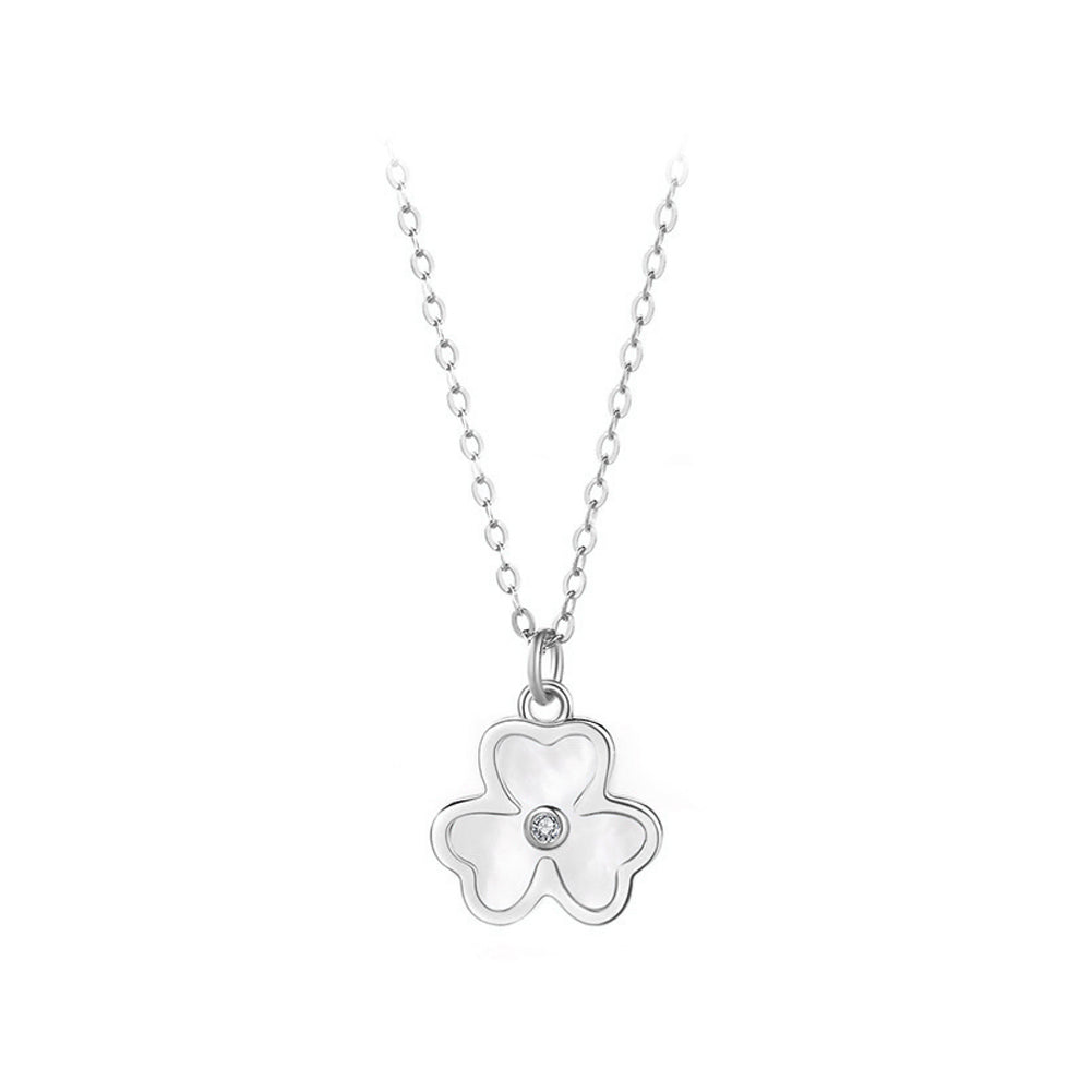925 Sterling Silver  Fashion Simple Three-leafed Clover Mother-of-pearl Pendant with Cubic Zirconia and Necklace