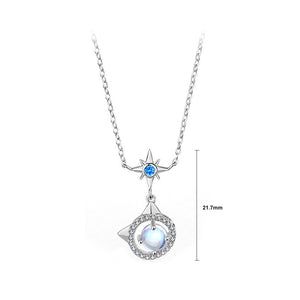 925 Sterling Silver Fashion Cute Cat Moonstone Star Pendant with Cubic Zirconia and Necklace