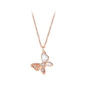 925 Sterling Silver Plated Rose Gold Fashion Elegant Butterfly  Mother-of-pearl Pendant with Cubic Zirconia and Necklace