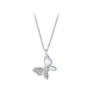 925 Sterling Silver Fashion Elegant Butterfly Mother-of-pearl Pendant with Cubic Zirconia and Necklace
