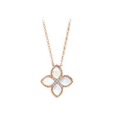 925 Sterling Silver Plated Rose Gold Fashion Four-leafed Clover Mother-of-pearl Pendant with Cubic Zirconia and Necklace