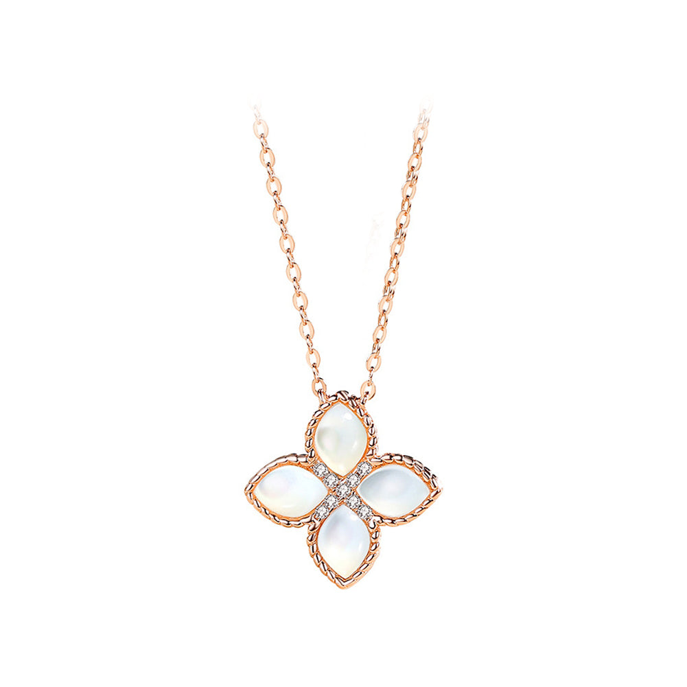 925 Sterling Silver Plated Rose Gold Fashion Four-leafed Clover Mother-of-pearl Pendant with Cubic Zirconia and Necklace