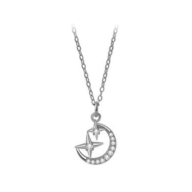 925 Sterling Silver Fashion Simple Moon Star Pendant with Cubic Zirconia and Necklace