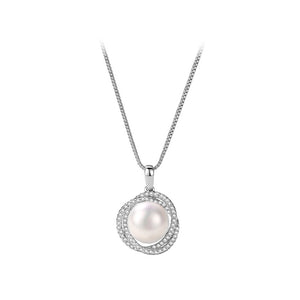 925 Sterling Silver Fashion Elegant Flower Imitation Pearl Pendant with Cubic Zirconia and Necklace