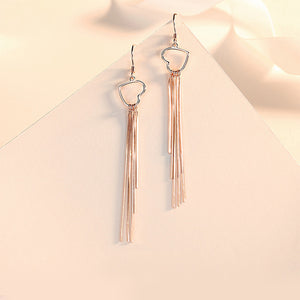 925 Sterling Silver Plated Rose Gold Fashion Simple Hollow Heart Tassel Earrings