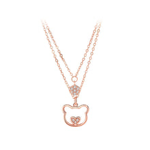 Load image into Gallery viewer, 925 Sterling Silver Plated Rose Gold Simple Cute Heart Bear Pendant with Cubic Zirconia and Double Necklace