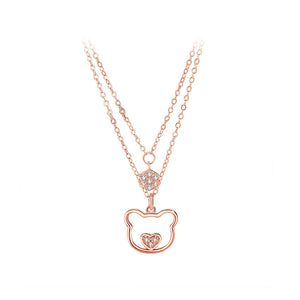 925 Sterling Silver Plated Rose Gold Simple Cute Heart Bear Pendant with Cubic Zirconia and Double Necklace