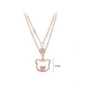 925 Sterling Silver Plated Rose Gold Simple Cute Heart Bear Pendant with Cubic Zirconia and Double Necklace