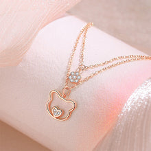 Load image into Gallery viewer, 925 Sterling Silver Plated Rose Gold Simple Cute Heart Bear Pendant with Cubic Zirconia and Double Necklace