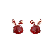 Load image into Gallery viewer, 925 Sterling Silver Plated Rose Gold Simple Cute Rabbit Red Imitation Agate Stud Earrings