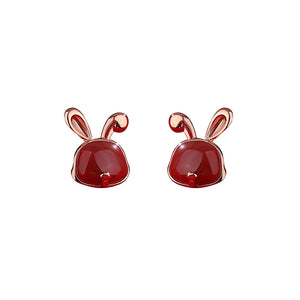 925 Sterling Silver Plated Rose Gold Simple Cute Rabbit Red Imitation Agate Stud Earrings