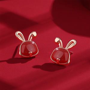 925 Sterling Silver Plated Rose Gold Simple Cute Rabbit Red Imitation Agate Stud Earrings