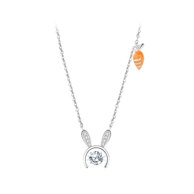 925 Sterling Silver Simple Cute Rabbit Carrot Pendant with Cubic Zirconia and Necklace