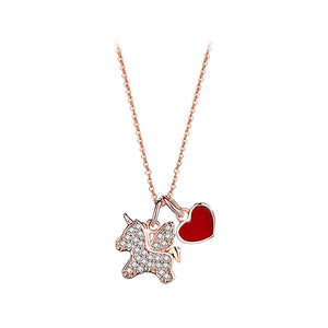 925 Sterling Silver Plated Rose Gold Fashion Temperament Unicorn Red Imitation Agate Heart Pendant with Cubic Zirconia and Necklace