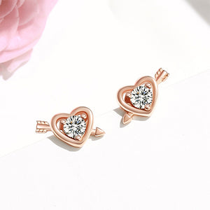 925 Sterling Silver Plated Rose Gold Simple Romantic Cupid's Arrow Heart Stud Earrings with cubic Zirconia