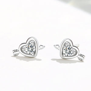 925 Sterling Silver Simple Romantic Cupid's Arrow Heart Stud Earrings with cubic Zirconia