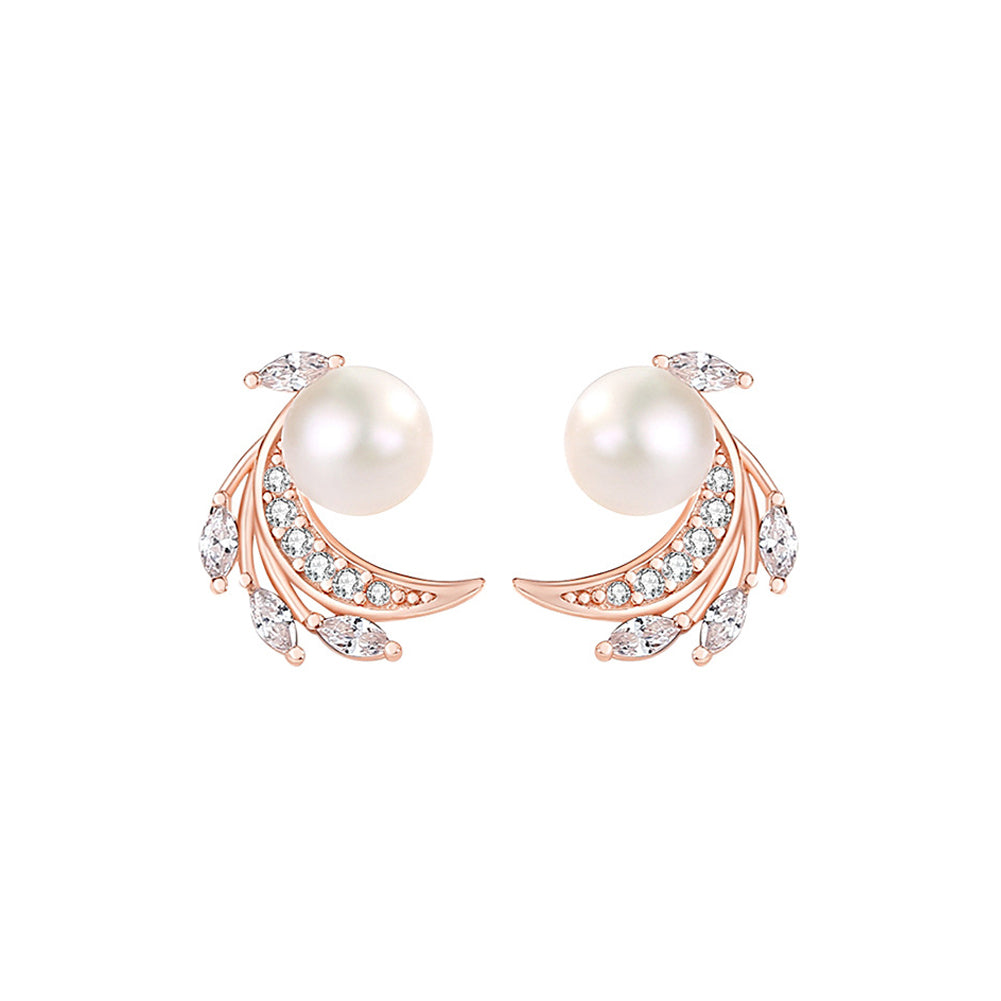 925 Sterling Silver Plated Rose Gold Fashion Temperament Angel Wing Imitation Pearl Stud Earrings with Cubic Zirconia