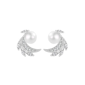 925 Sterling Silver Fashion Temperament Angel Wing Imitation Pearl Stud Earrings with Cubic Zirconia