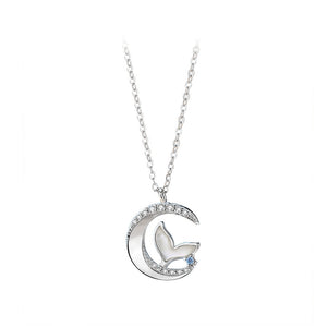 925 Sterling Silver Fashion Simple Mermaid Moon Pendant with Cubic Zirconia and Necklace